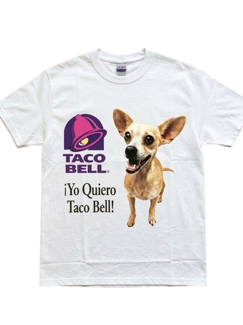 Gildan White Tee with Purple Taco Bell Logo & Smiling Chihuahua
